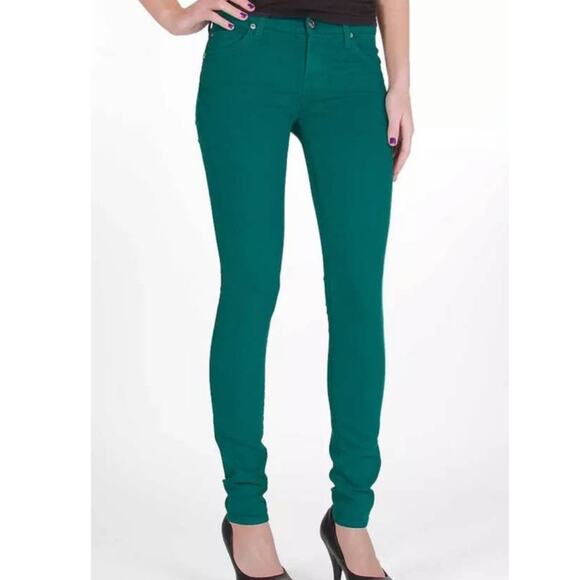 7FAM 7 For All Mankind Mid Rise Slim Stretch Jeans Emerald Jade Green Skinny 26 - Picture 1 of 14